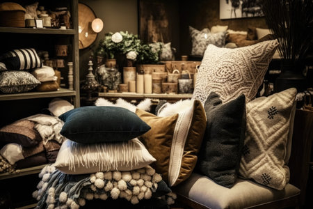 home decor shop with variety of pillows and throws on display, created with generative aiの素材