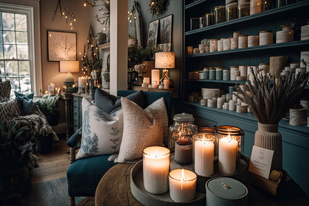 a cozy and inviting shop with a variety of home decor items, including candles, pillows, and vases, created with generative aiの素材