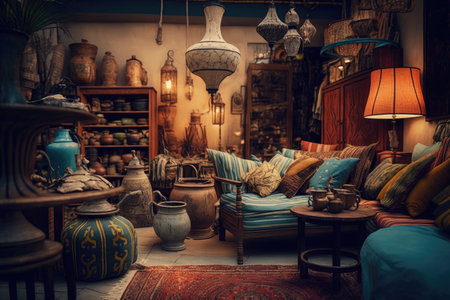 home decor shop, with variety of products on display, including rugs, lamps and furniture, created with generative aiの素材