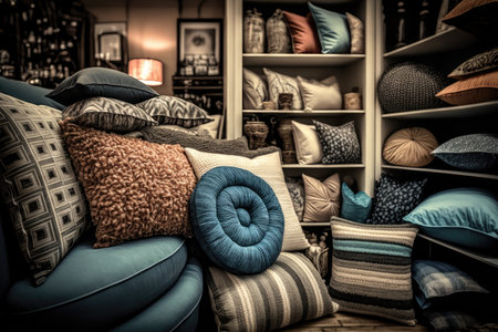 home decor shop, showing wide variety of pillows and throws for customers to choose from, created with generative aiの素材