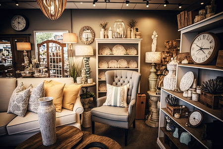 home decor shop, showcasing a variety of items for the home and garden, including furnishings, lighting fixtures, and accessories, created with generative aiの素材