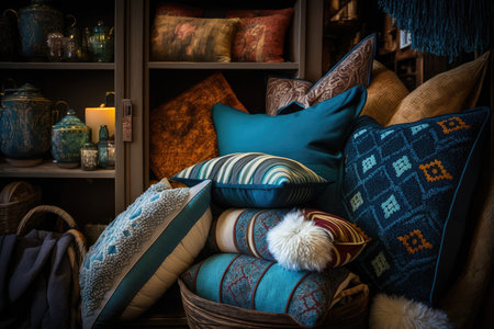 home decor shop, with a variety of pillows and throws available for purchase, created with generative aiの素材
