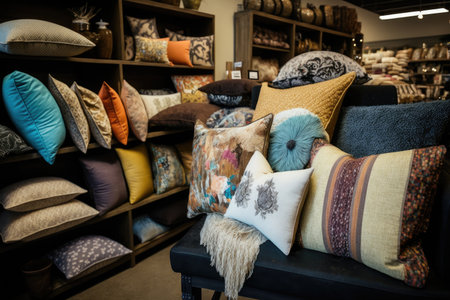 home decor shop, with a variety of pillows and throws available for purchase, created with generative aiの素材