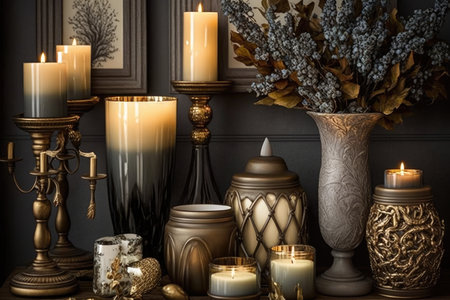 home decor shop, showcasing collections of candles, vases and other decorative items, created with generative aiの素材