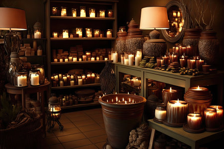 home decor shop, showcasing collections of candles, vases and other decorative items, created with generative aiの素材