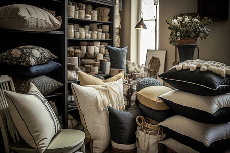 home decor shop, with a variety of pillows and throws on display, created with generative aiの素材