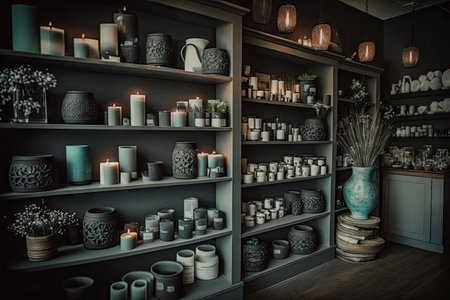 home decor shop, with shelves full of vases and candles for customers to choose from, created with generative aiの素材