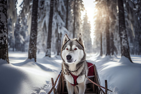 husky sled dog pulling sled through snowy forest, with trees in the background, created with generative aiの素材