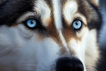 close-up of huskys beautiful eyes, with the snow and wilderness in the background, created with generative aiの素材