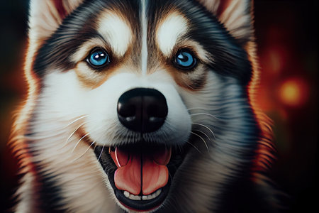 close-up of huskys face, with its tongue hanging out, created with generative aiの素材