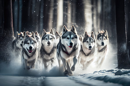 husky sled dog team racing across snow-covered forest, created with generative aiの素材