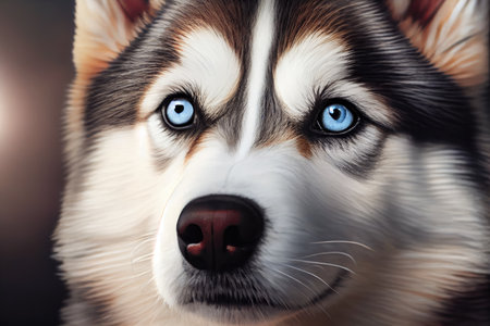 close-up of huskys face, with its tongue hanging out and eyes shining, created with generative aiの素材
