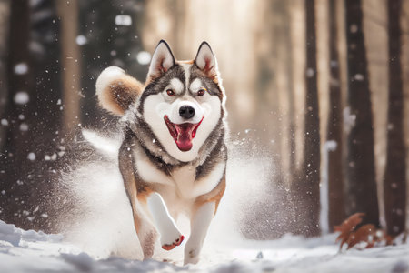 husky sled dog with its tongue hanging out while running through snowy forest, created with generative aiの素材