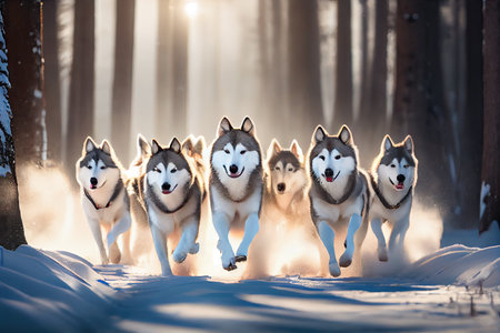 team of huskies running through snowy forest, their breath visible in the cold air, created with generative aiの素材
