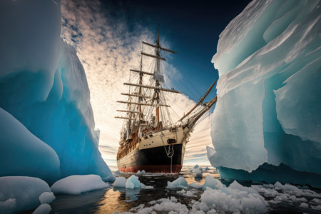 massive sailing ship called icebreaker leaves port, created with generative aiの素材