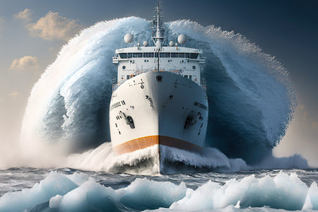 powerful ship in form of icebreaker rushes ahead under cover on water, created with generative aiの素材
