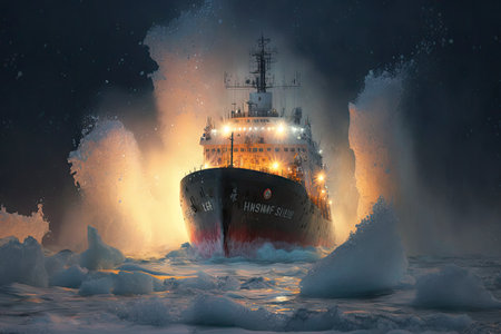 large ship with lights and smoke steams through frozen sea vessel icebreaker, created with generative aiの素材