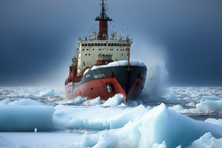 powerful icebreaker boat goes through channel in cold northern sea, created with generative aiの素材