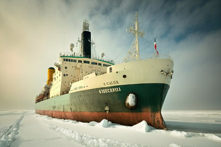 large cargo ship at pier on frozen sea is engaged in icebreaker, created with generative aiの素材