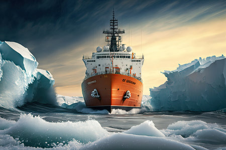 powerful boat for transport and navigation on severe arctic seas icebreaker, created with generative aiの素材