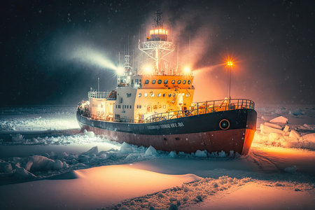 small ship with help of powerful lights broke way for icebreaker in harbor, created with generative aiの素材