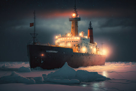 small ship with help of powerful lights broke way for icebreaker in harbor, created with generative aiの素材