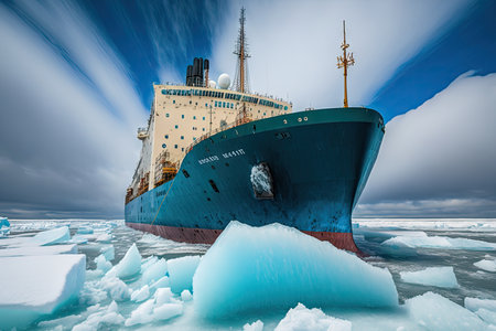 huge blue cargo ship going to port on icebreaker, created with generative aiの素材