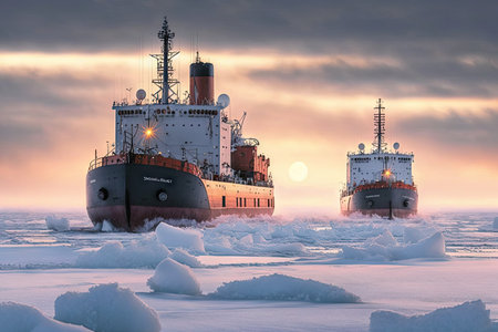 icebreaker icebreakers going to harbor against backdrop of northern winter sky, created with generative aiの素材