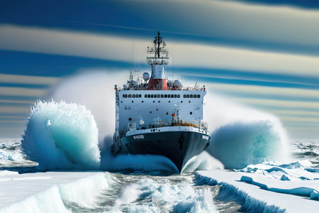 large icebreaker ship goes at speed on water against background of blue sky, created with generative aiの素材