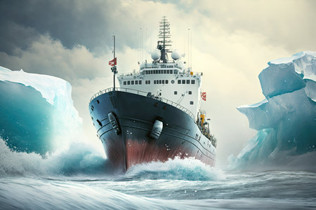 powerful ship with propeller and icebreaker sailing on water, created with generative aiの素材