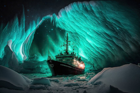 large icebreaker comes along edge of ice cap during northern lights, created with generative aiの素材
