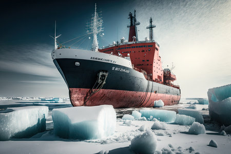 large cargo vessel with thick icebreaker blades stands in port, created with generative aiの素材