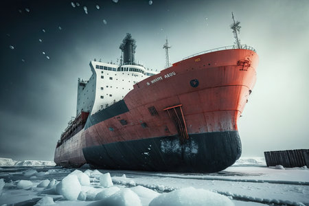 large cargo vessel with thick icebreaker blades stands in port, created with generative aiの素材