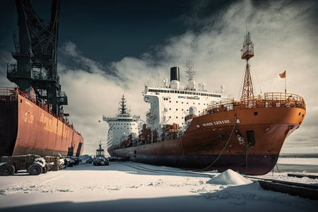 large cranes and cargo ships unloading at port icebreaker, created with generative aiの素材