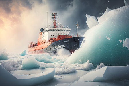 icebreaker breaks through ice floes in arctic ocean, created with generative aiの素材
