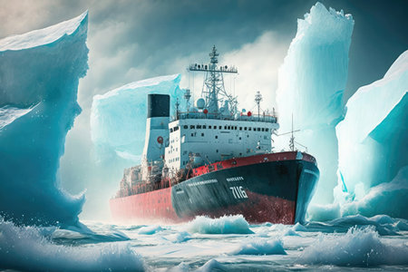 large powerful icebreaker ship warding off banks around northern seas, created with generative aiの素材