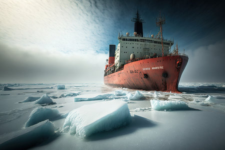 large powerful icebreaker ship warding off banks around northern seas, created with generative aiの素材