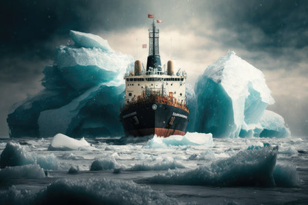 large ship with icebreaker travels on dark water of arctic sea, created with generative aiの素材