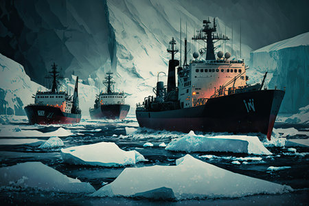long icebreakers sailing on dark cold water of northern sea, created with generative aiの素材
