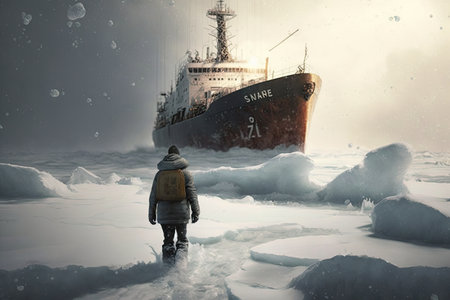 one person trying to get across icebreaker area in winter, created with generative aiの素材
