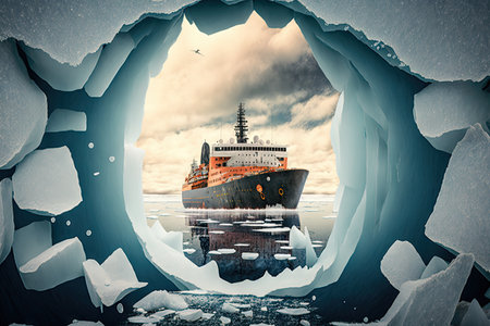 huge icebreaker sailing through open seas and breaking hole in floating thick ice, created with generative aiの素材