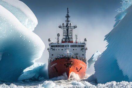 icebreaker ship smashes way through slabs of ice in arctic sea, created with generative aiの素材