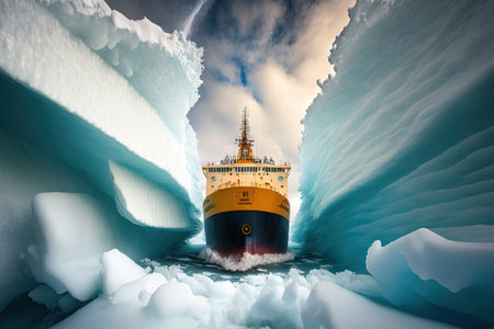 icebreaker ship goes through layer of thick snow at bottom of channel in arctic ocean, created with generative aiの素材