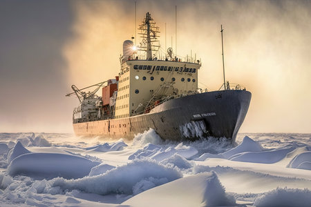 native ship for transporting goods and cargo in winter icebreaker, created with generative aiの素材