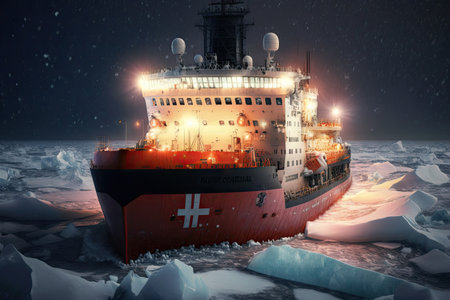powerful icebreaker ship with lights on deck moving along sea, created with generative aiの素材