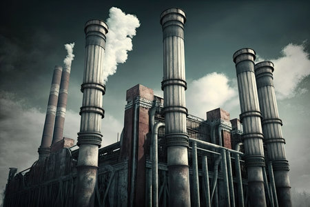 high smoke stacks in working condition industrial modern 4.0, created with generative aiの素材