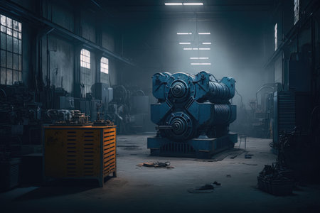 bright illuminated workshop with machines and industrial modern 4.0 in dark blue tones, created with generative aiの素材