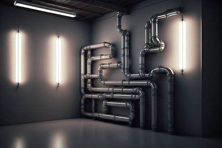 steel piping in empty room with creative lighting industrial modern 4.0, created with generative aiの素材
