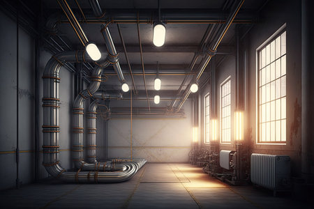 steel piping in empty room with creative lighting industrial modern 4.0, created with generative aiの素材
