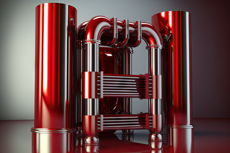 beautiful glossy red metal pipes with silver details, industry modern 4.0, created with generative aiの素材